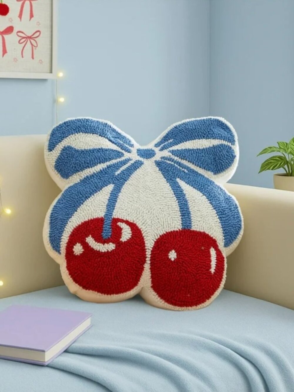 NWOT - Coquette Blue and Red Cherry Bow Figural Tufted Decorative Pillow